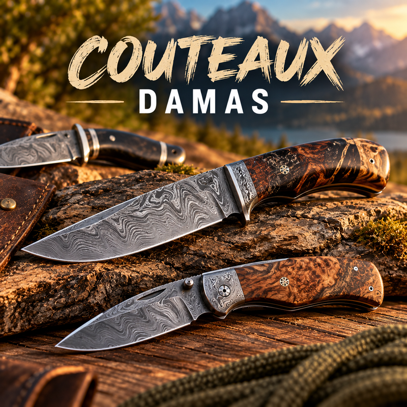 image de collection montrant plusieurs couteaux avec une lame DAMAS