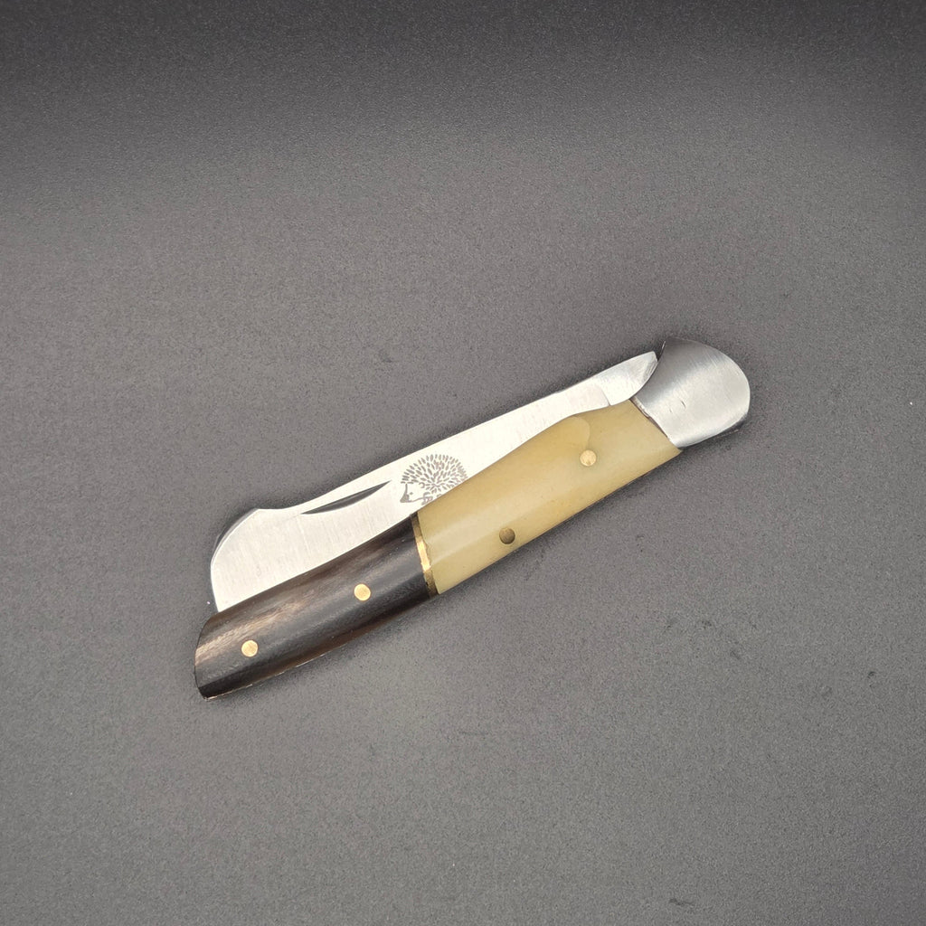 petit couteau greffoir pliant avec manche en corne et os posé à plat en position fermé. ce greffoir est de qualité deuxième choix.
