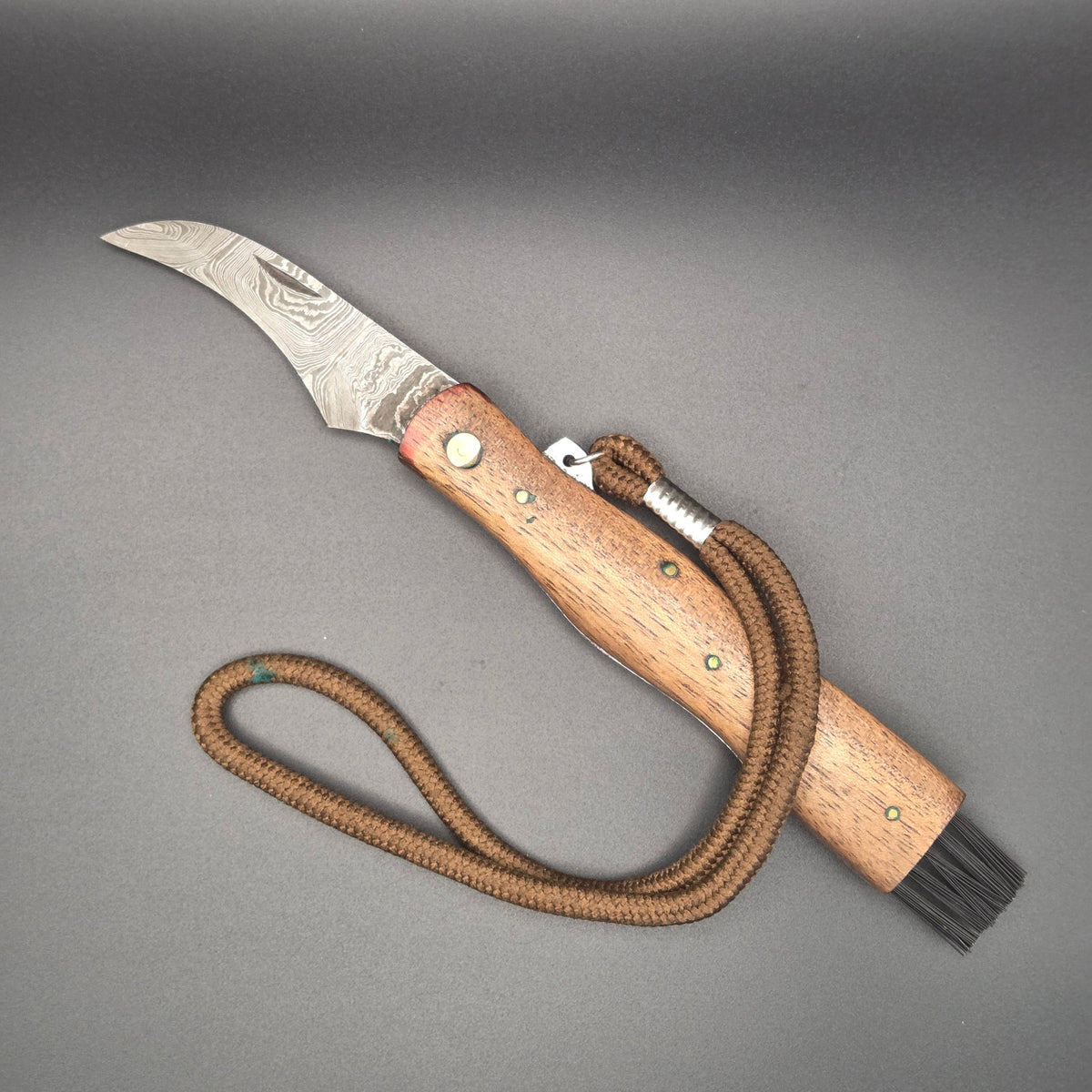 Couteau pliant à champignons muni d'une brasse, d'une cordelette et d'une lame en damas. Le manche est en teck. Il est en position ouvert posé à plat