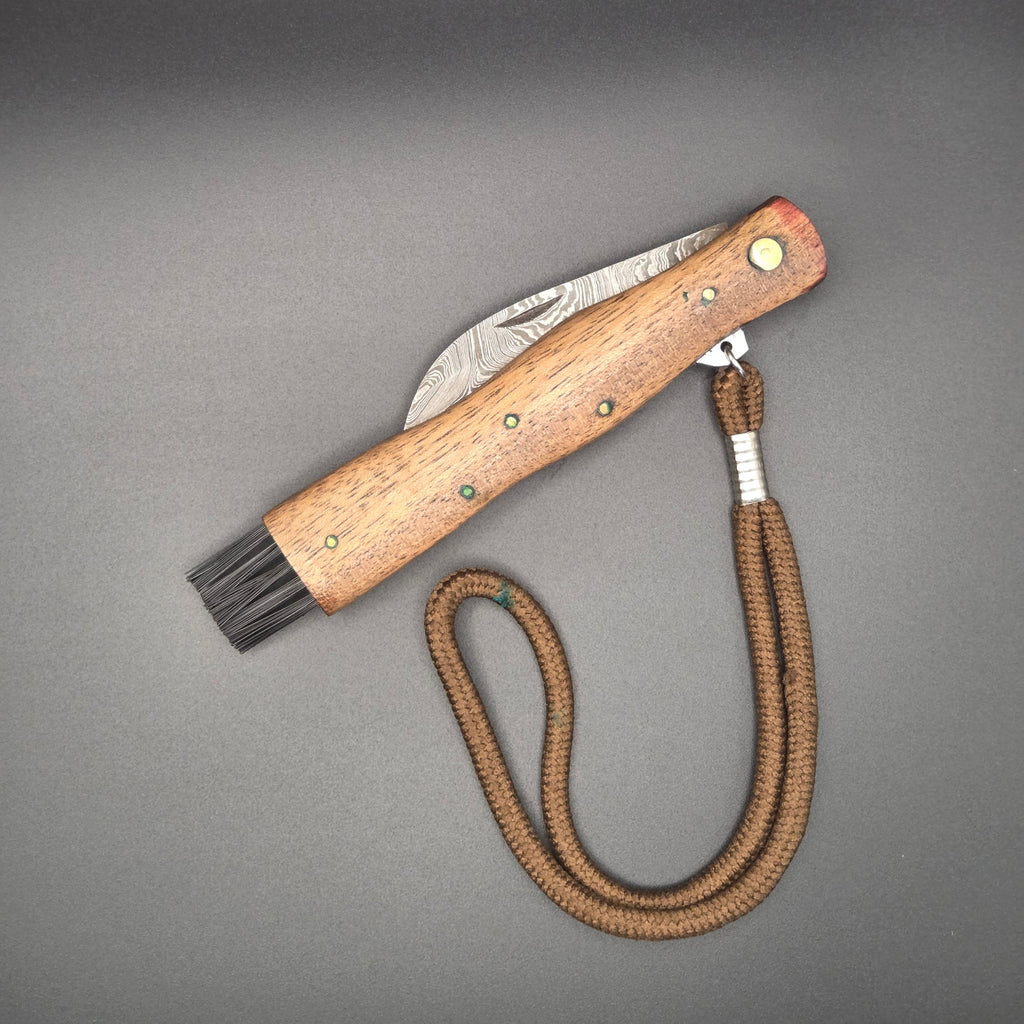 couteau pliant à champignons de second choix muni d'une lame en damas, d'une brosse et d'une cordelette de tenue. 