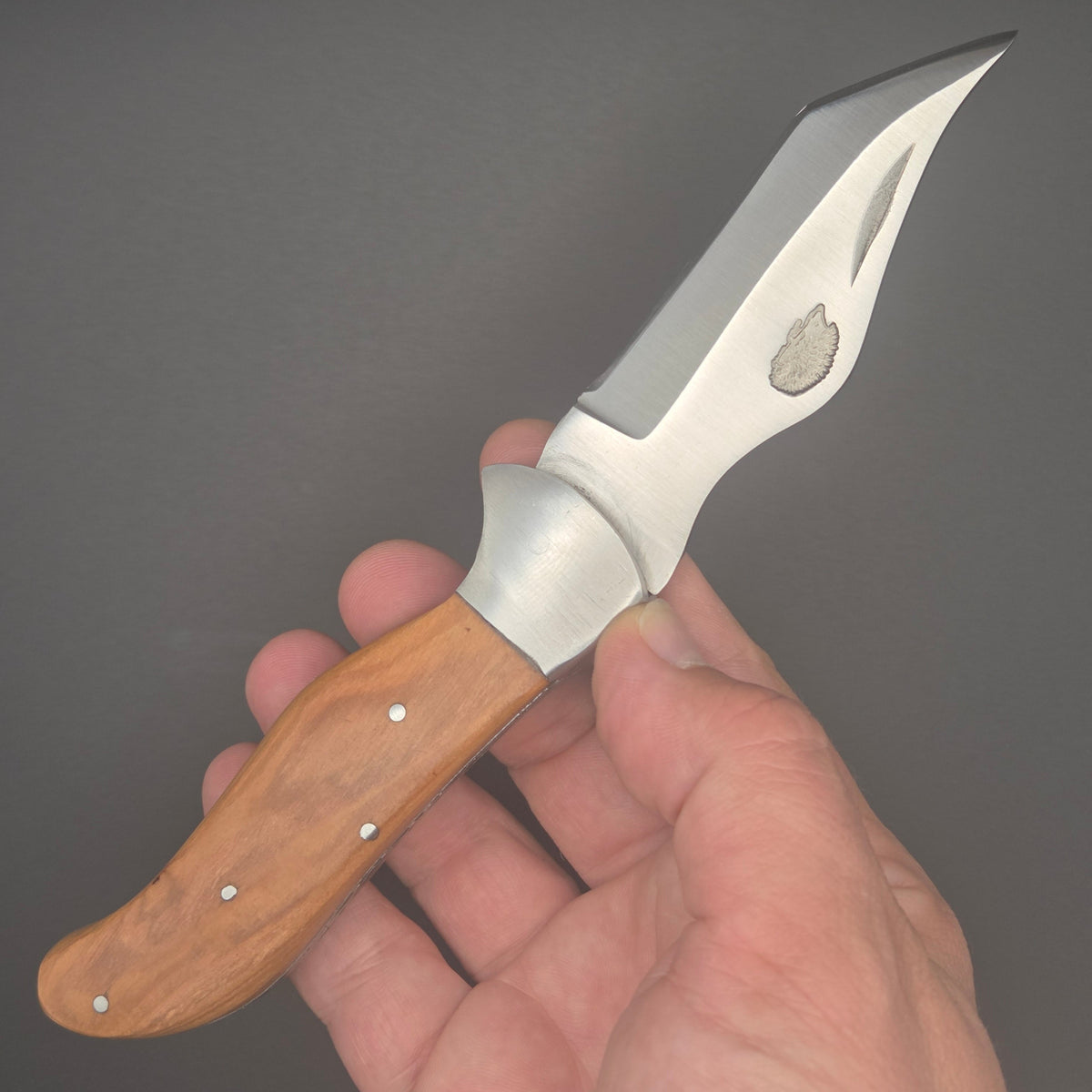 couteau utilitaire pliant muni d'une lame robuste sur laquelle est gravé un hérisson. Le manche est en teck. Qualité de second choix