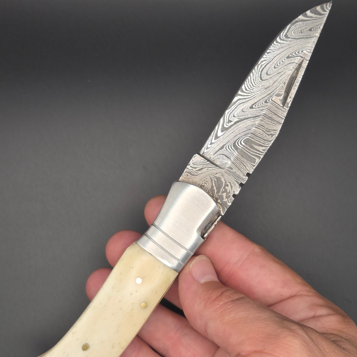 couteau utilitaire pliant ouvert et tenu dans un main. On voit sa lame en damas et son manche en os.