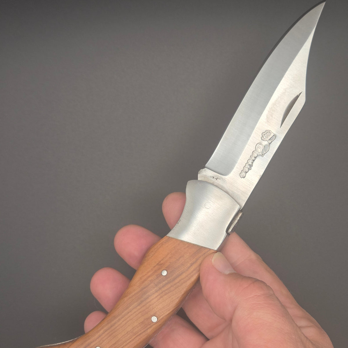 Couteau utilitaire pliant avec manche incurvé en teck. Il est tenu dans une main en position ouvert.